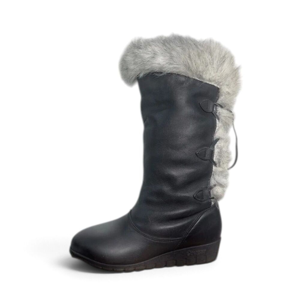 (7/122) Vintage Cougar Black Leather Fur Trim Winter Boots Women’s Size 9